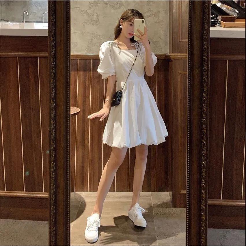 超仙白色蝴蝶结方领泡泡袖连衣裙女小个子夏法式初恋森系桔梗洋气