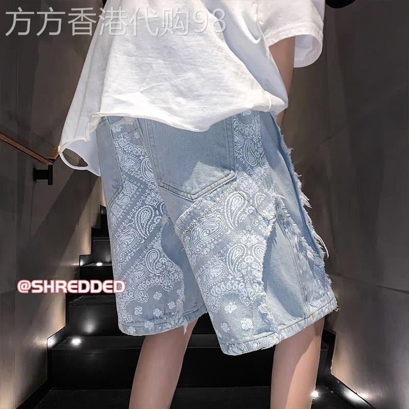 美式毛边牛仔短裤男潮牌夏季设计感五分裤潮流宽松腰果花休闲男裤
