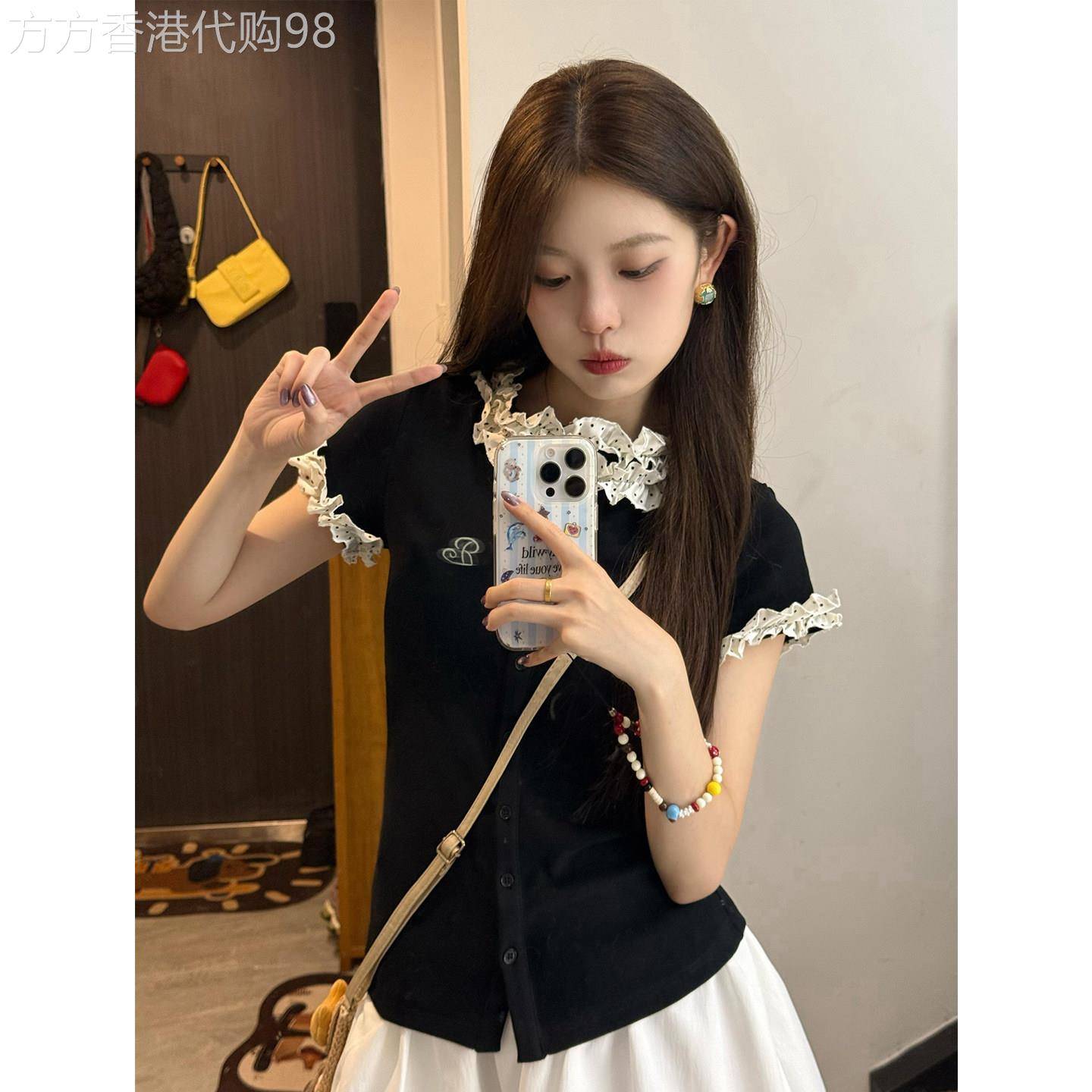 韩系学院风花边波点正肩短袖t恤女夏修身收腰设计感小众短款上衣