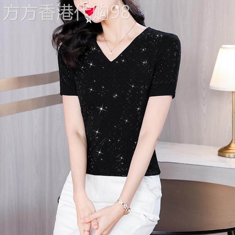 黑色短袖T恤女夏季2026新款时尚洋派小衫修身显瘦V领T恤上衣薄款