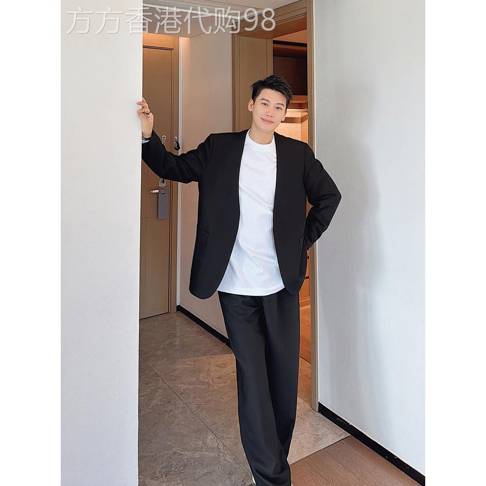 轻奢黑色高级感痞帅无领西服男2025春秋潮松弛高级感休闲小西装潮