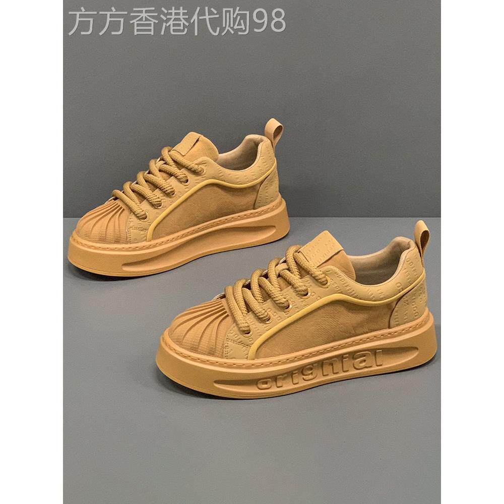 高端休闲鞋男款皮面百搭贝壳头板鞋子2025春秋软底增高驼色男鞋潮