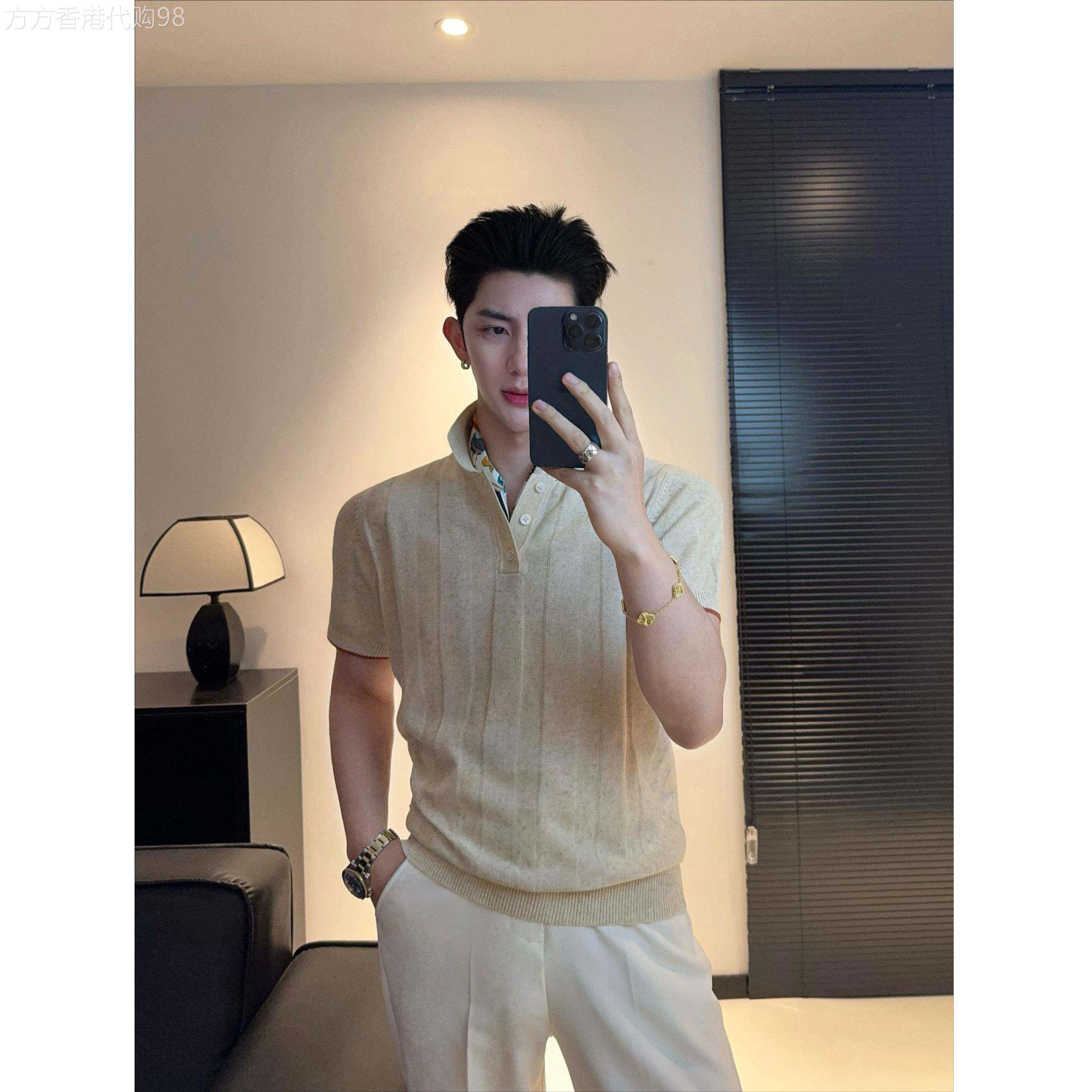 潮牌老钱风亚麻针织短袖POLO衫男夏季新款高端莱赛尔透气百搭上衣
