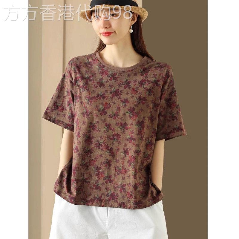 夏季新款百搭显瘦碎花全棉上衣纯棉时尚文艺复古圆领短袖T恤衫女