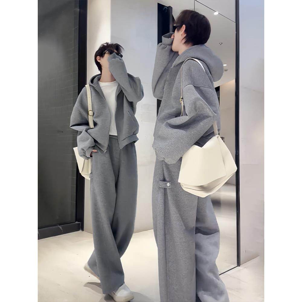 轻奢灰色连帽开衫卫衣男款秋冬季美式休闲运动套装重磅硬挺外套潮