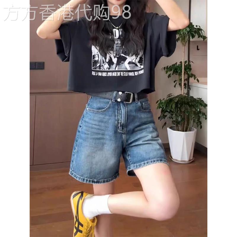 蓝色复古牛仔短裤女夏季欧货舒适百搭高腰宽松A字显瘦阔腿热裤子
