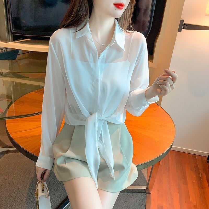 法式冰丝防晒衬衫女夏季2025新款吊带外搭空调衫雪纺披肩薄款外套