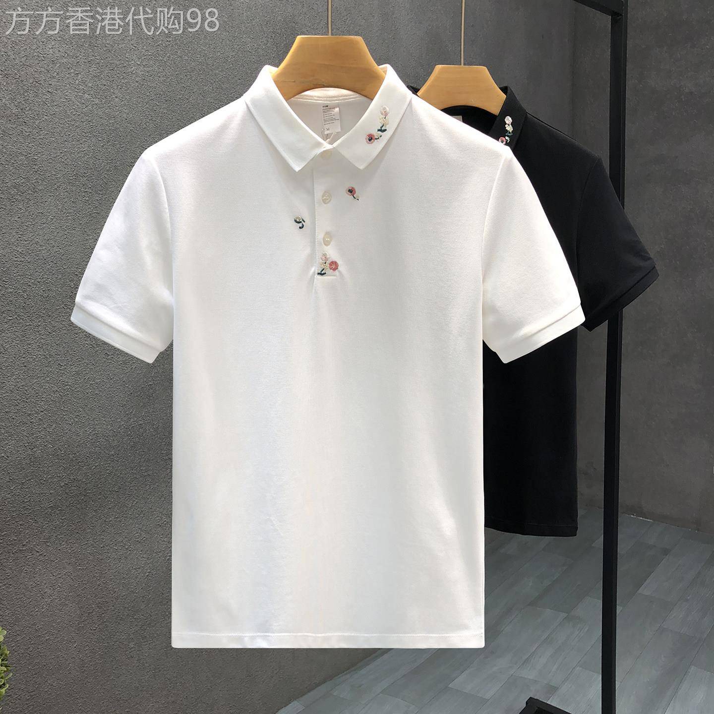 花卉刺绣白色短袖polo衫男夏季潮牌痞帅休闲宽松百搭翻领半袖t恤
