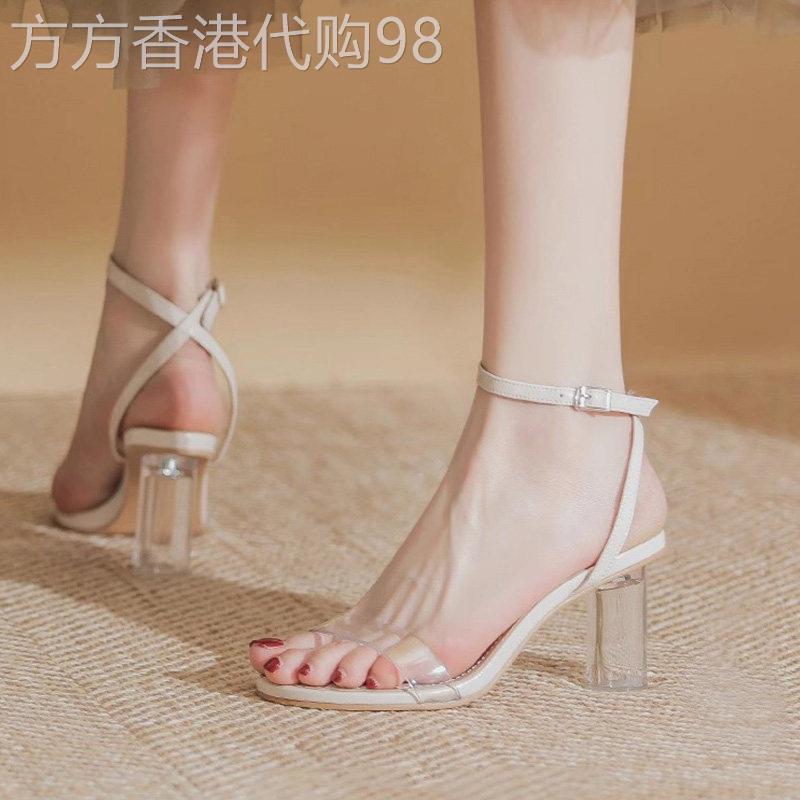 凉鞋女夏季2026新款法式气质仙女风露趾水晶粗跟透明一字扣高跟鞋