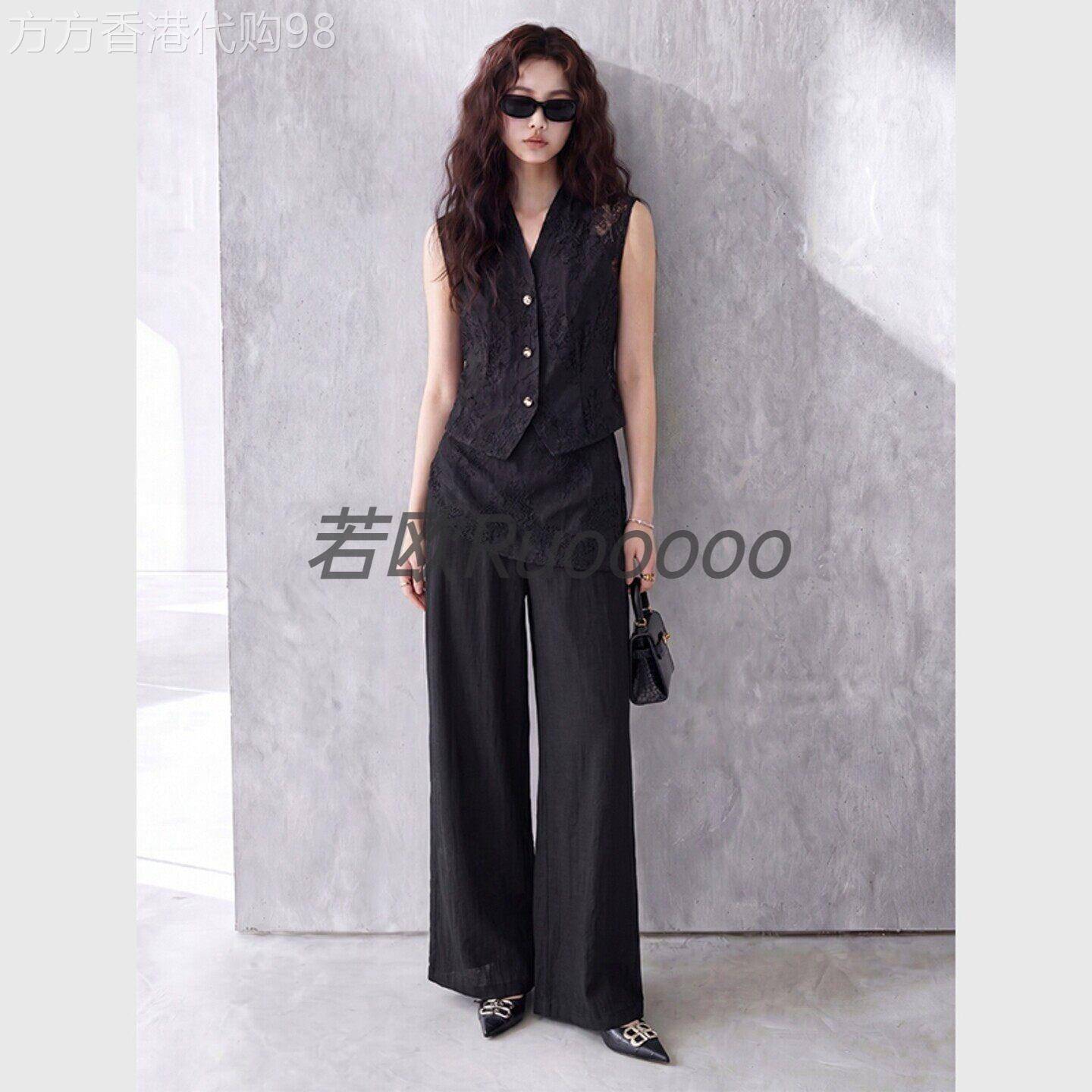 2026夏季新款套装女黑色时尚洋气轻奢风蕾丝无袖上衣阔腿裤两件套