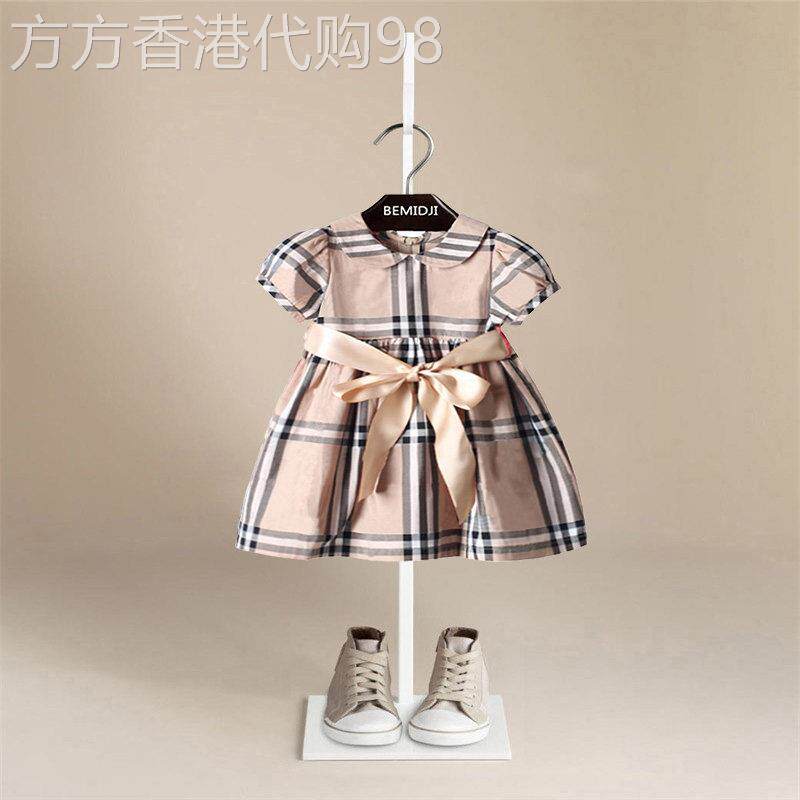 英国DHWA女童新款格子连身裙夏装宝宝复古裙子腰带礼服裙棉