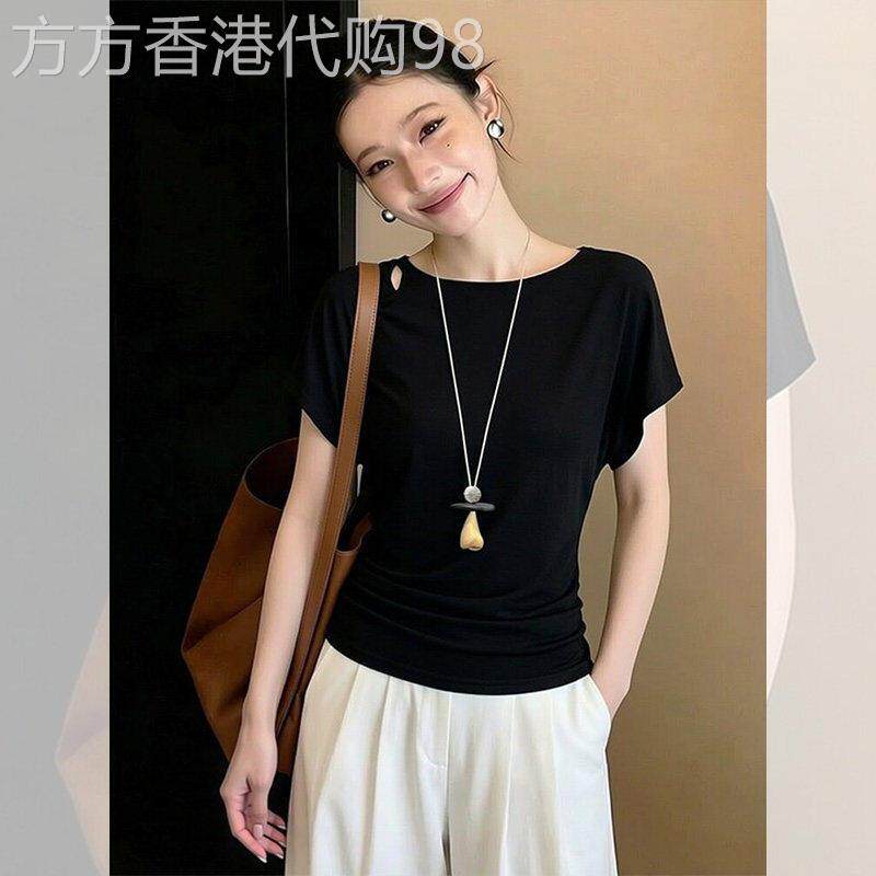 黑色短袖女夏薄款韩版气质时尚简约宽松镂空设计舒适休闲百塔上衣
