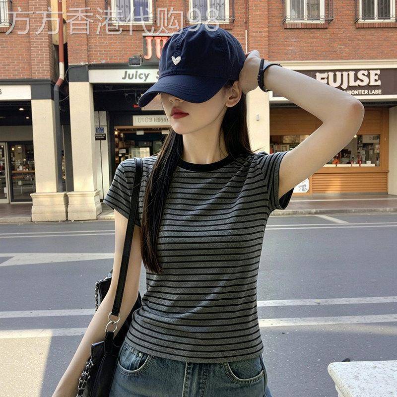 条纹纯棉短袖T恤女2026夏季新款修身显瘦圆领短款高级感欧货上衣