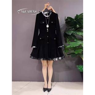 香港大码女装冬季新款胖mm覆古时尚花边设计洋气显瘦小香风连衣裙