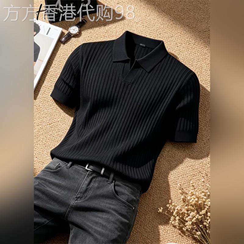 轻奢韩系人夫感修身条纹polo衫男轻熟风翻领短袖凉感休闲稳重t恤