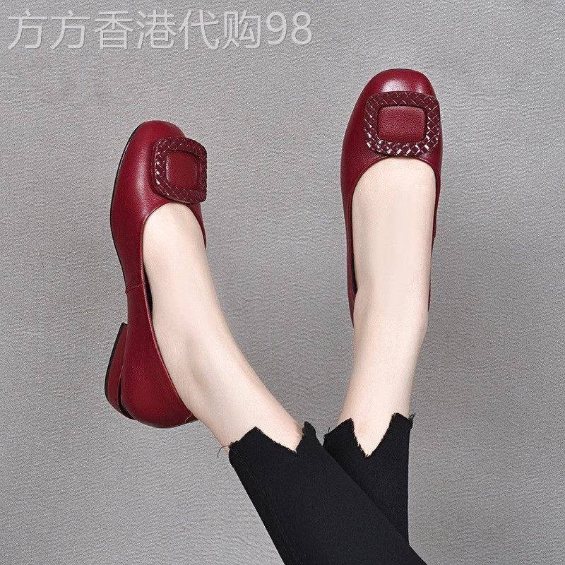 浅口粗跟单鞋女2025年夏季新款软底酒红色真皮女鞋低跟方头豆豆鞋