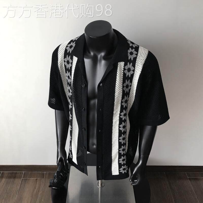 老钱风短袖衬衫男士夏季度假风撞色镂空条纹针织衬衣百搭翻领T恤