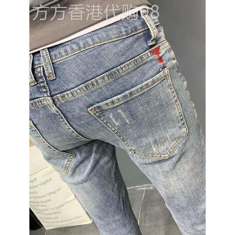 潮牌男士牛仔裤男秋季浅色美式覆古刺绣韩版百搭修身小脚九分裤子