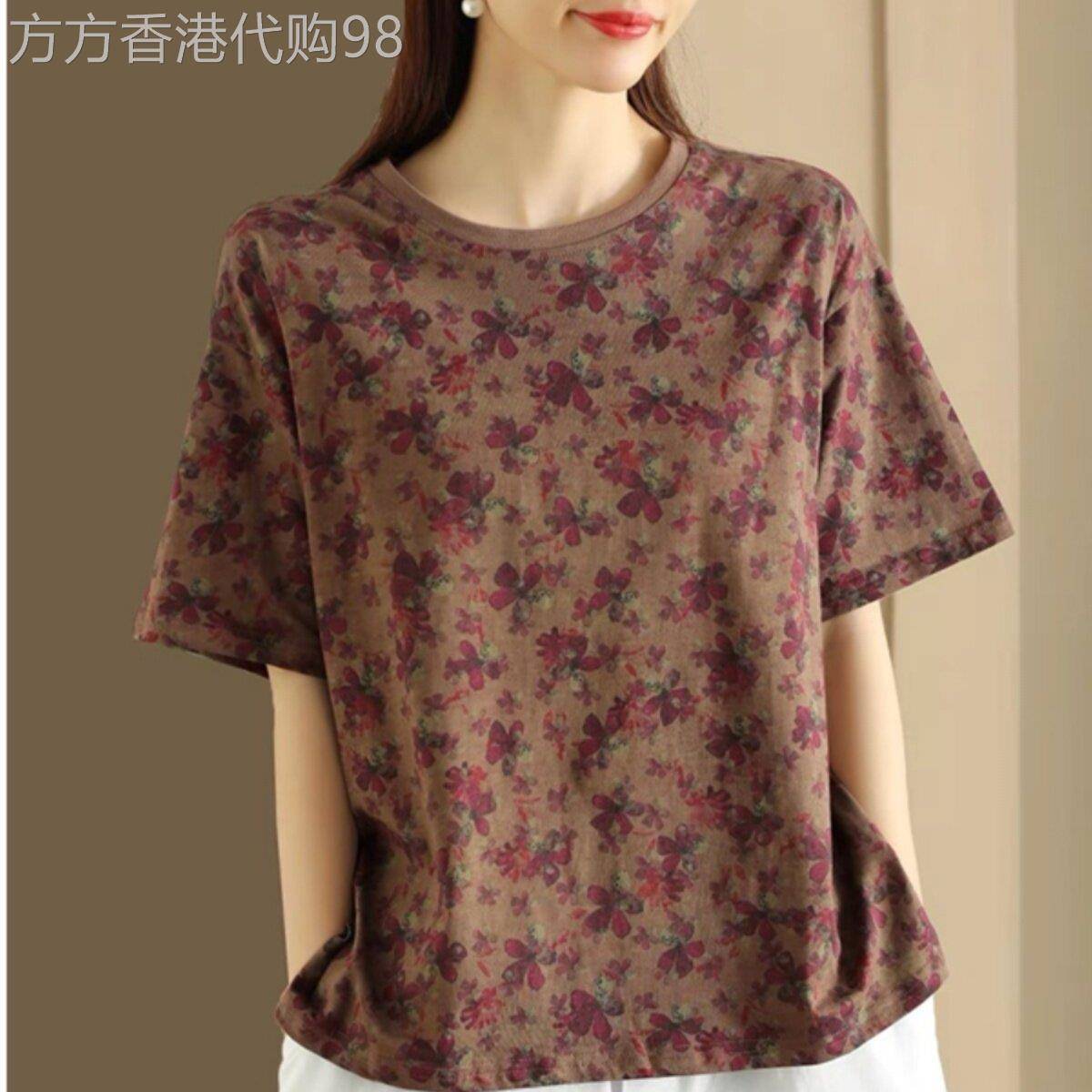 纯棉短袖t恤女夏季薄款2026年新款复古文艺显瘦百搭碎花圆领上衣