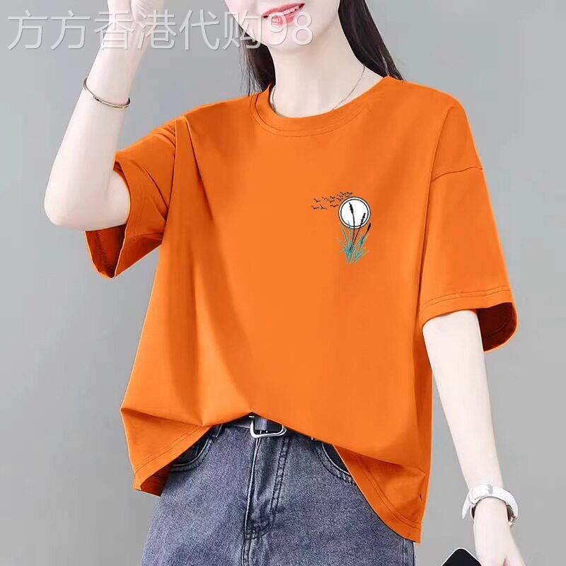 桔色显白简约印花圆领短袖t恤女夏装宽松休闲百搭上衣半袖体恤衫