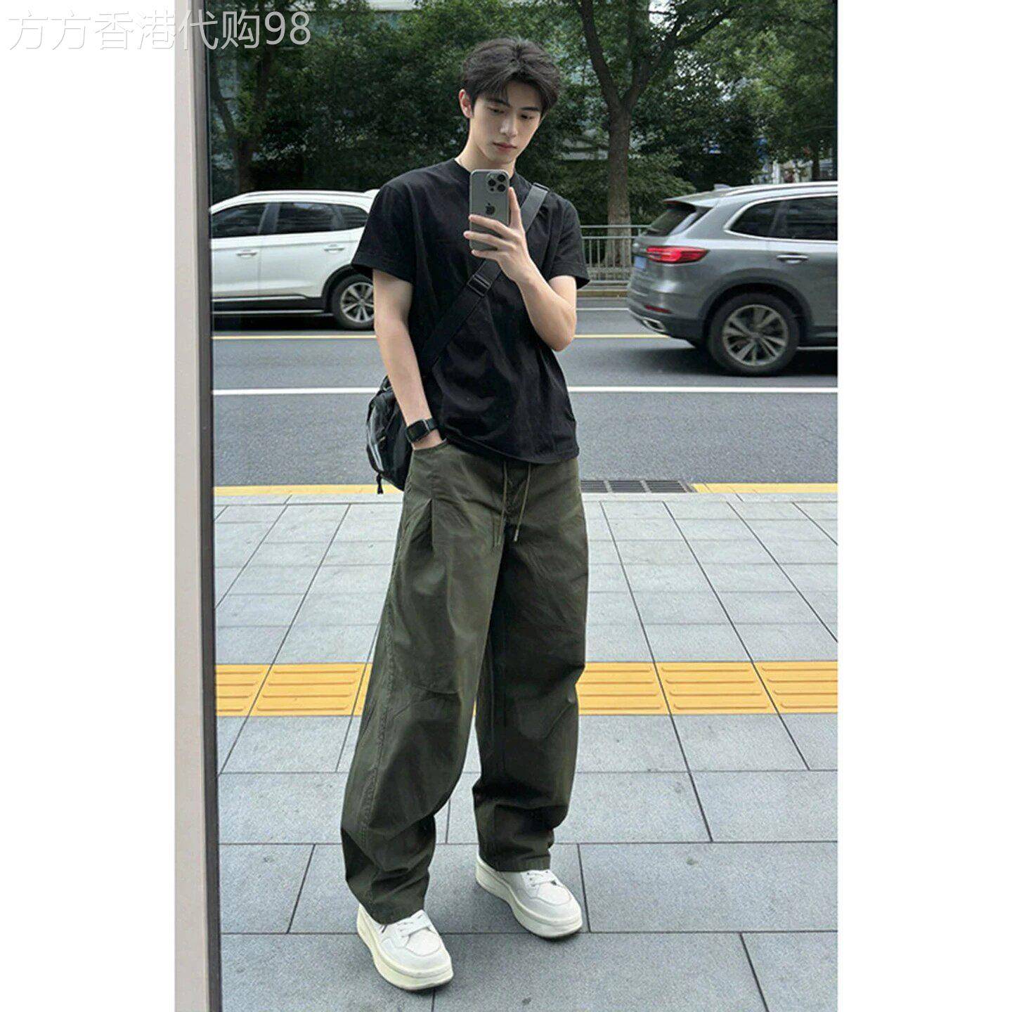 韩国Uamtor套装男生夏季弯刀工装裤子宽松纯棉短袖酷帅穿搭两件套