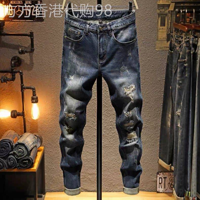 潮牌复古怀旧牛仔裤男欧美潮流破洞修补程式弹力乞丐修身小脚百搭