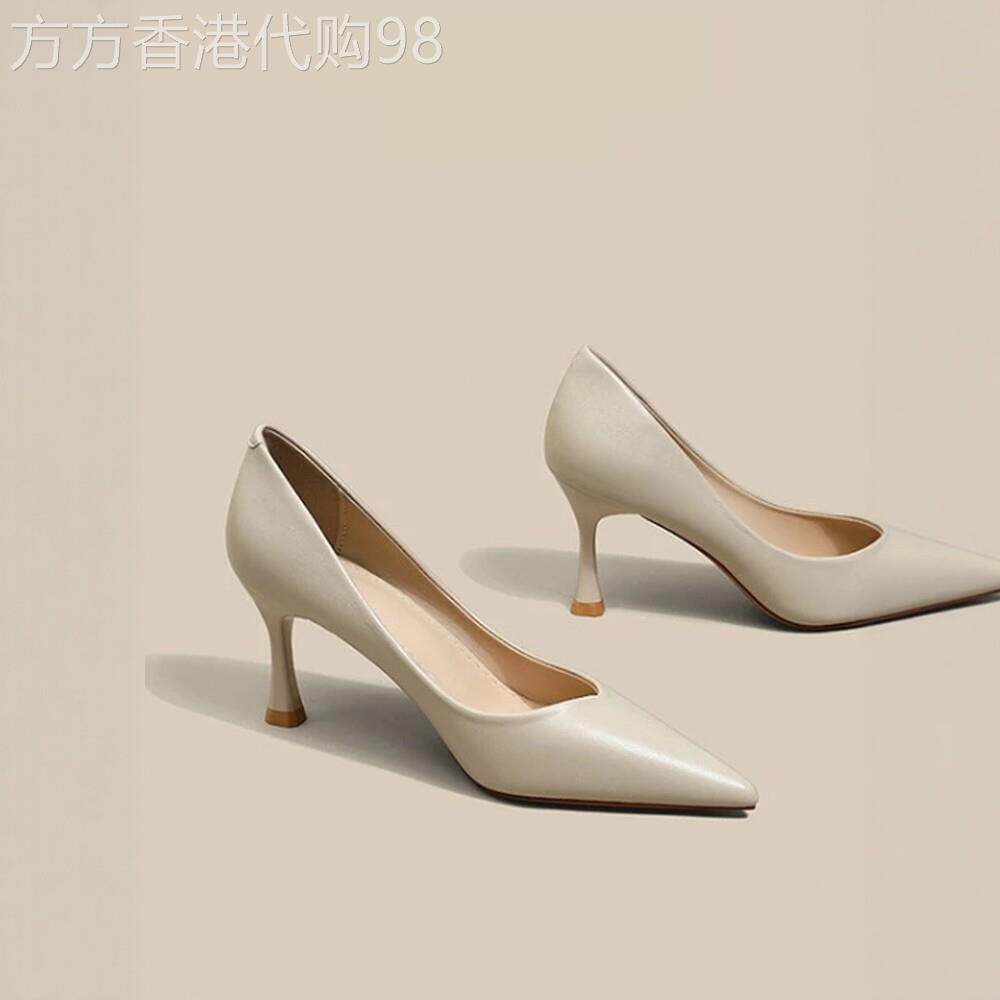 香港简约小V口高跟鞋女秋冬新款尖头软皮单鞋女细跟浅口通勤鞋
