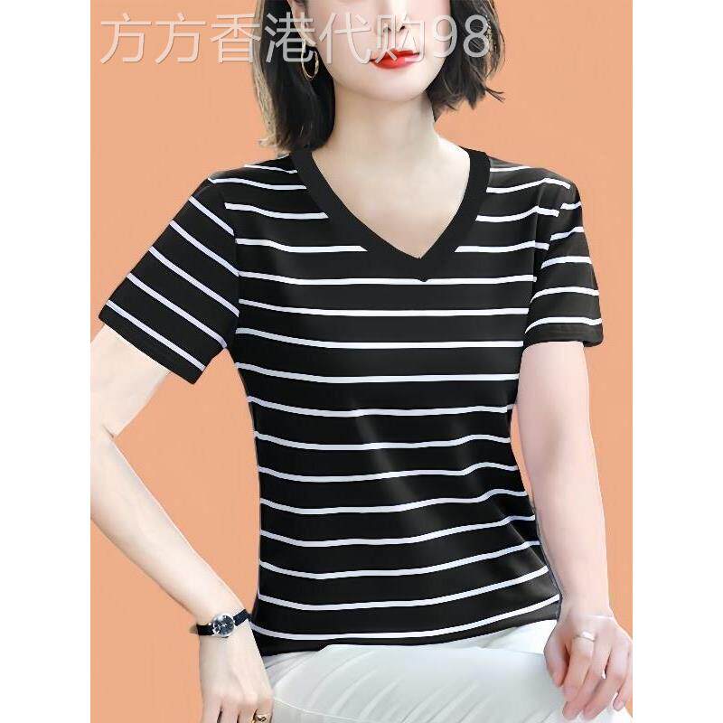 中年妈妈v领纯棉条纹短袖t恤女士夏季新款宽松大码正肩半袖体恤