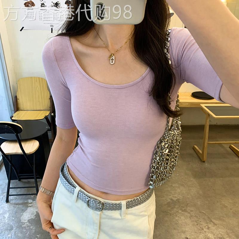紫色短袖T恤女夏季2026新款U领中袖显瘦紧身纯欲辣妹修身半袖上衣