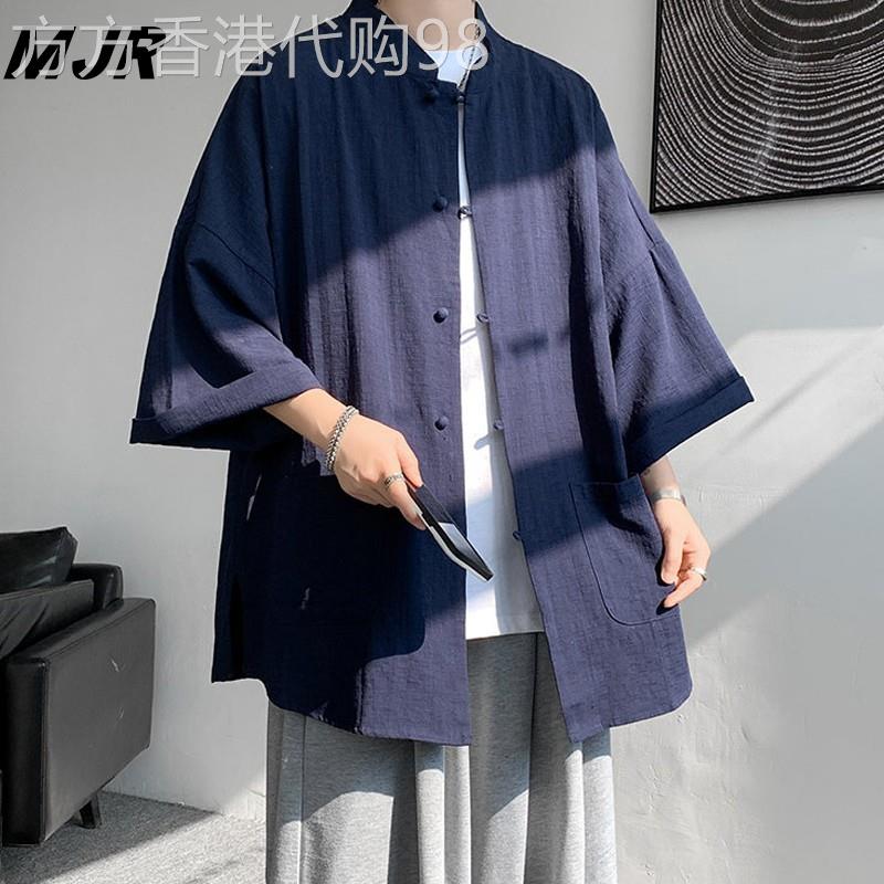 新中式男装亚麻短袖衬衫男夏季民国风汉服道袍外套中山装唐装马褂