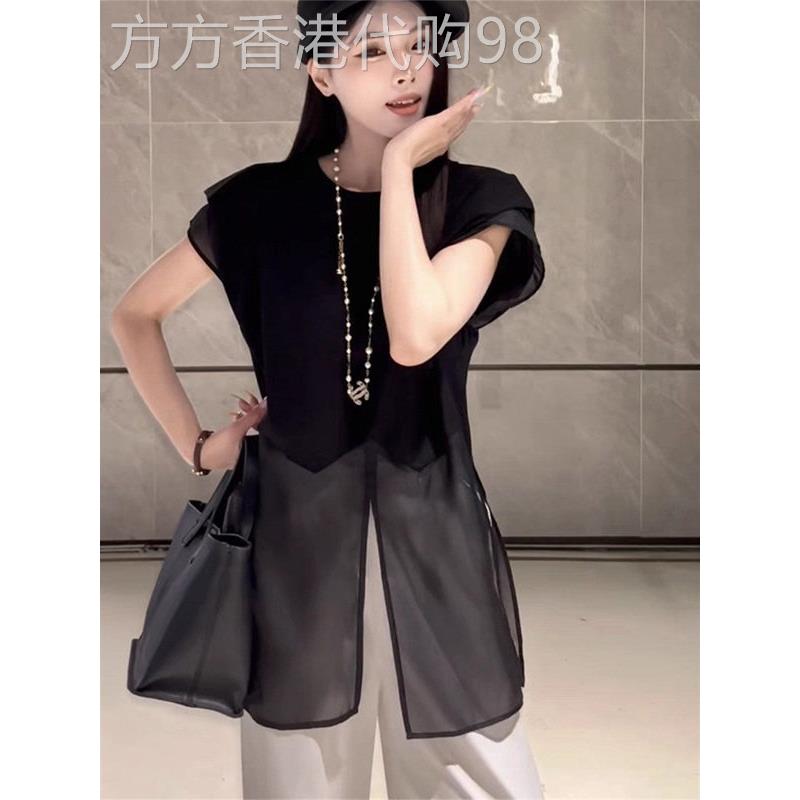 无袖中长款T恤时尚设计感2026夏季新款网纱拼接女飞飞袖背心上衣