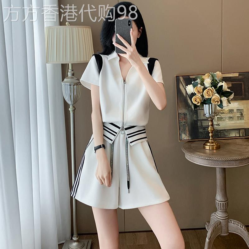 欧洲站休闲运动套装女2026新款夏季酷飒风白色短袖上衣短裤两件套