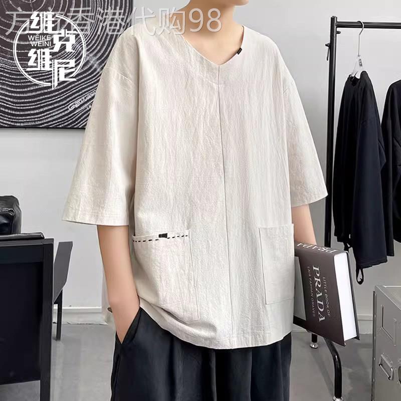 中国风亚麻短袖t恤男士夏季潮牌痞帅复古休闲大码棉麻七分袖上衣