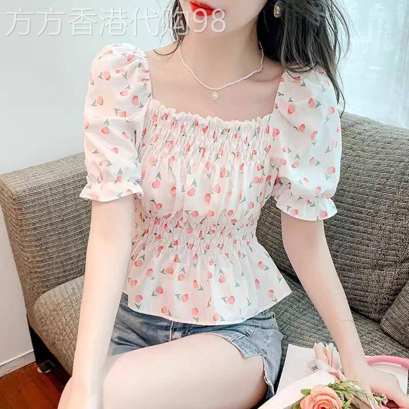 碎花雪纺衫女短袖2026年夏季新款潮复古方领泡泡袖收腰短款上衣女