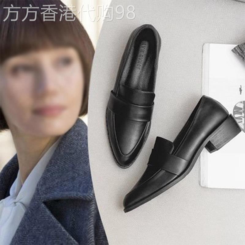 小皮鞋女春秋季2025新款中粗跟尖头单鞋子平底一脚蹬内增高乐福鞋