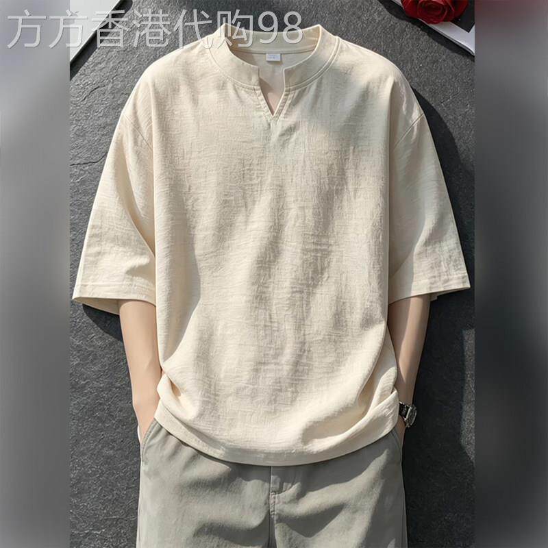 高端天丝亚麻V领短袖男夏季薄款老钱风棉麻T恤彷麻透气正肩半截袖
