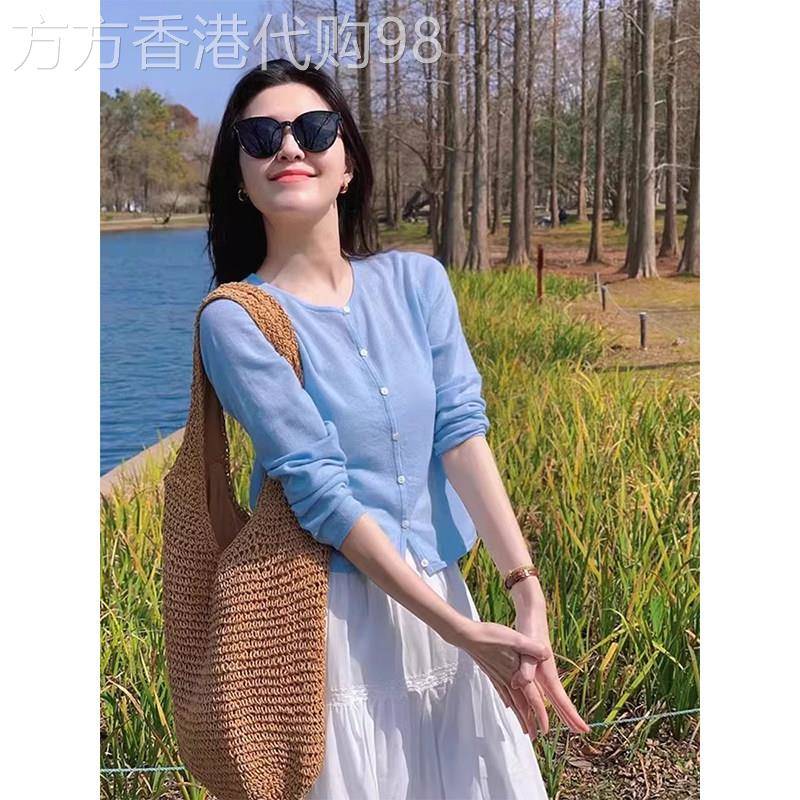 蓝色韩系冰丝针织开衫女夏季欧货时尚百搭薄款防晒外搭空调衫上衣