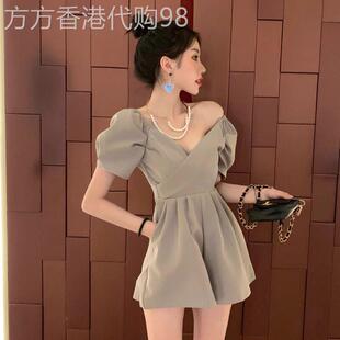 休闲套装女2026新款夏季小个子雪纺一字肩连体衣连体阔腿短裤套装