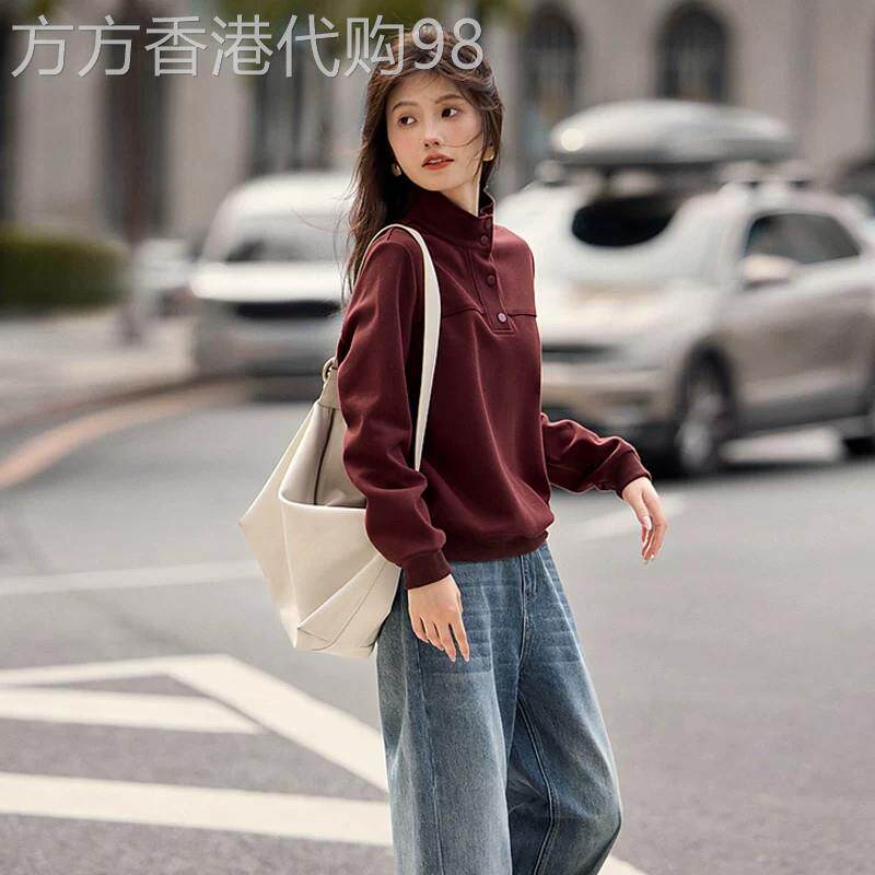 设计感半高领卫衣女士秋季2026时髦减龄气质宽松休闲安哥拉红上衣