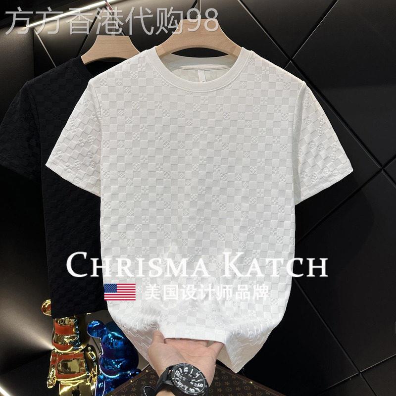出口美国Chrisma Katch~格子花纹短袖轻奢纯色休闲圆领冰丝上衣
