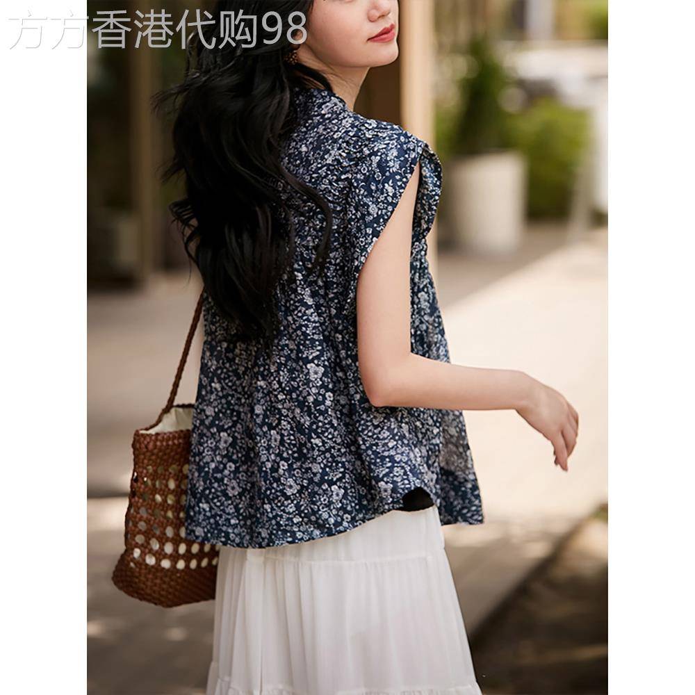 小飞袖娃娃衫复古夏季新款女装碎花蓝色超好看百搭上衣显瘦高级感