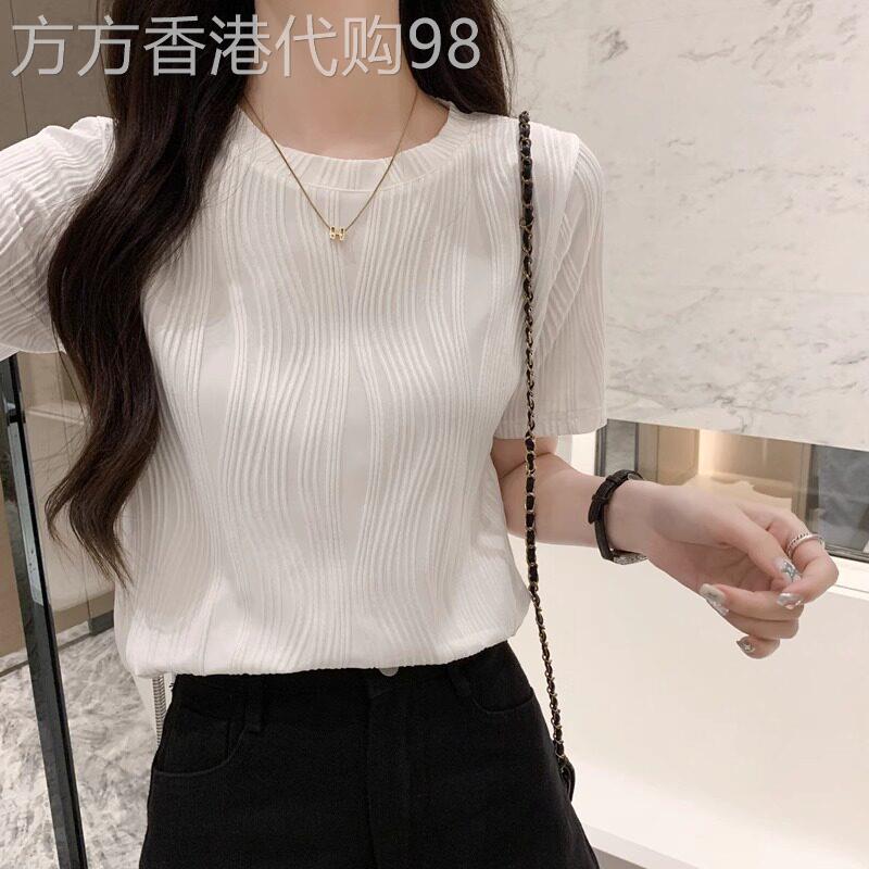 白色肌理感短袖T恤女士2026夏季新款时尚宽松正肩圆领雪纺衫上衣
