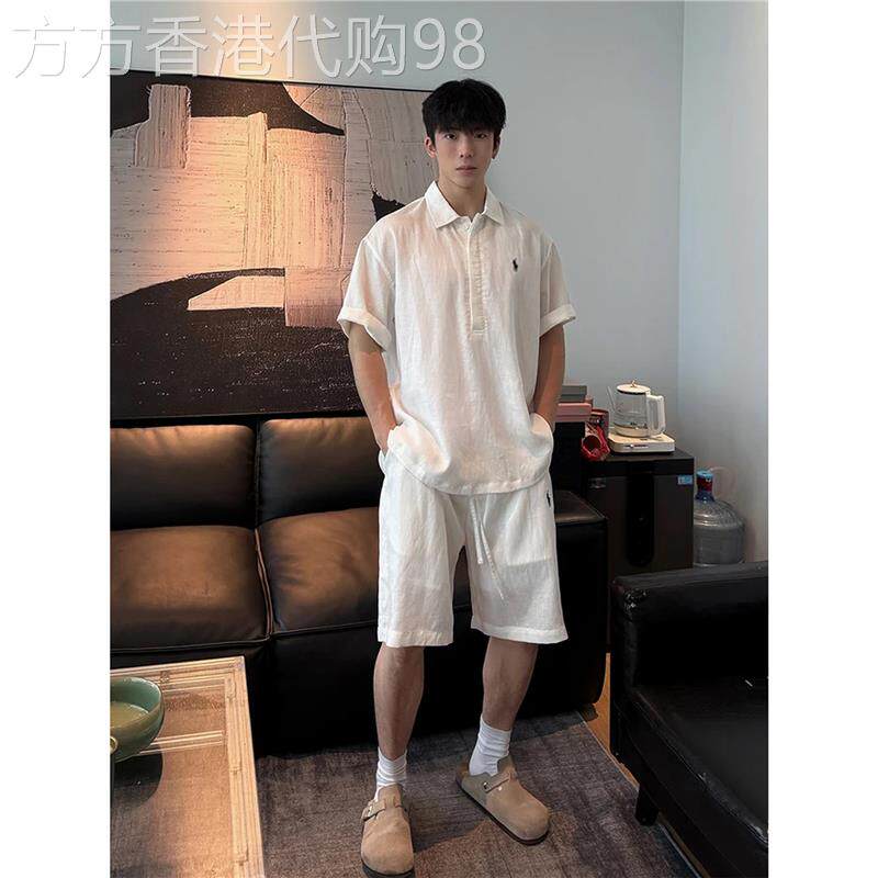 老钱风天丝亚麻套装男士夏季慵懒松弛感穿搭polo衫短袖短裤两件套