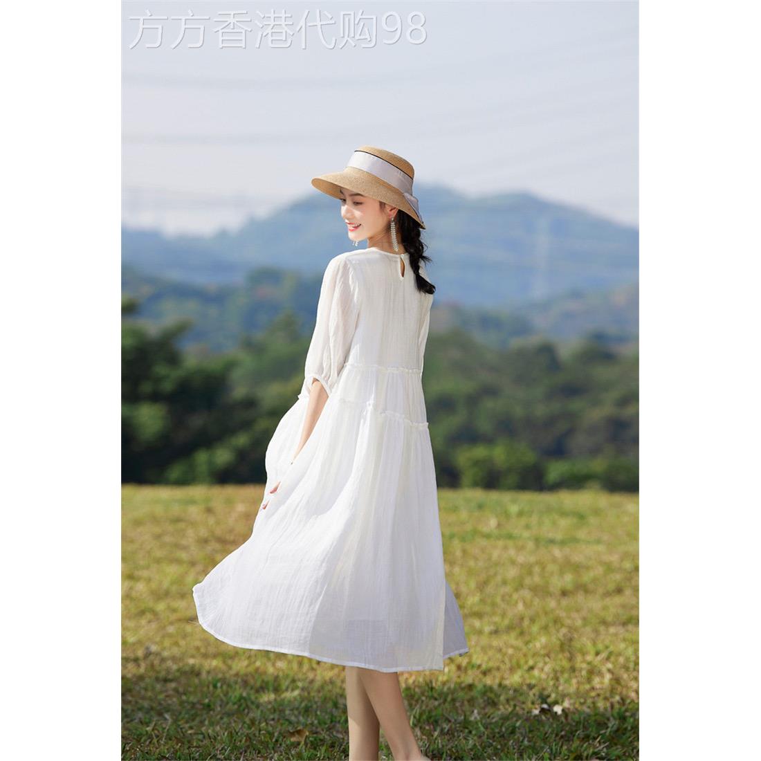 2025新款夏季白色苎麻连衣裙高级感文艺棉麻飘逸气质显瘦大摆长裙