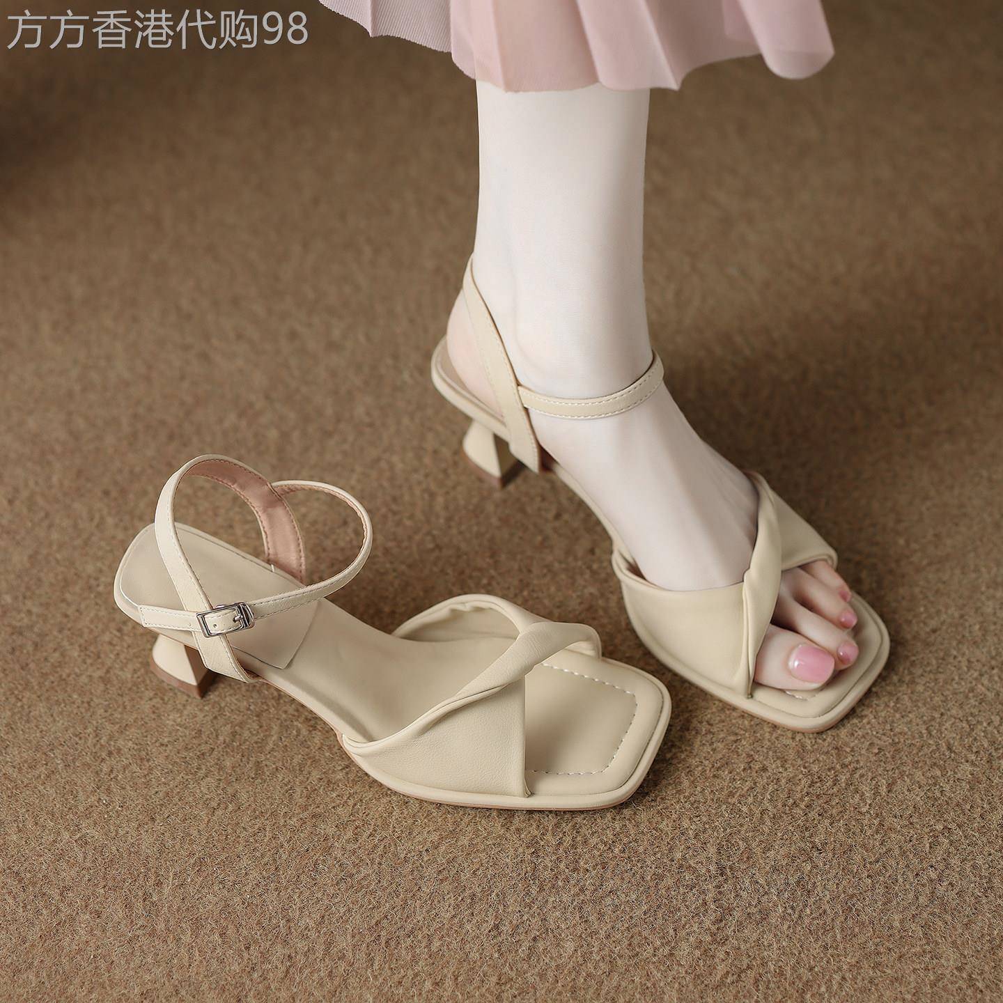 真皮绝美高跟凉鞋女夏季2026新款粗跟一字带不累脚女士时装高跟鞋