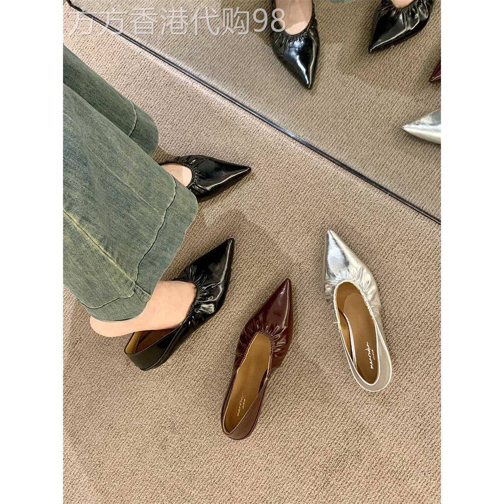 香港银色褶皱尖头浅口单鞋女2025年新款法式芭蕾舞气质低跟通勤鞋