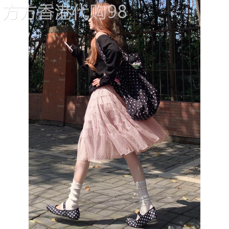 粉色波点半身裙女2026夏季新款抽绳设计少女风高腰公主蓬蓬蛋糕裙