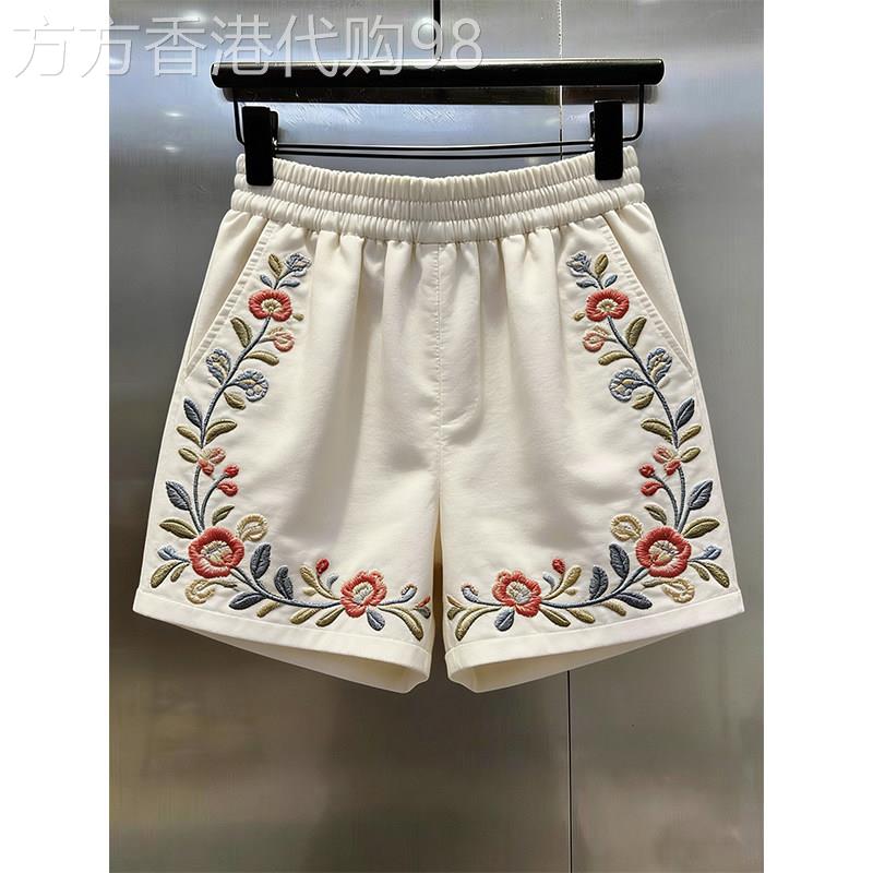 新中式国风花朵刺绣运动短裤女夏季薄款高腰宽松巨好看百搭的裤子