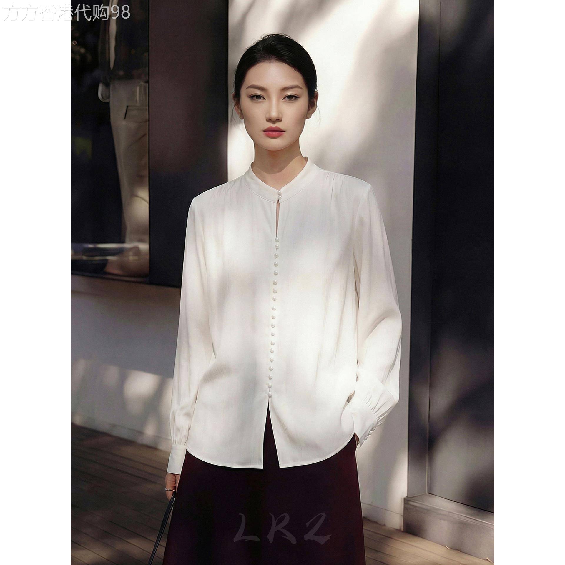 春季新款法式高级感白色衬衫女长袖半开襟气质感立领宽松上衣