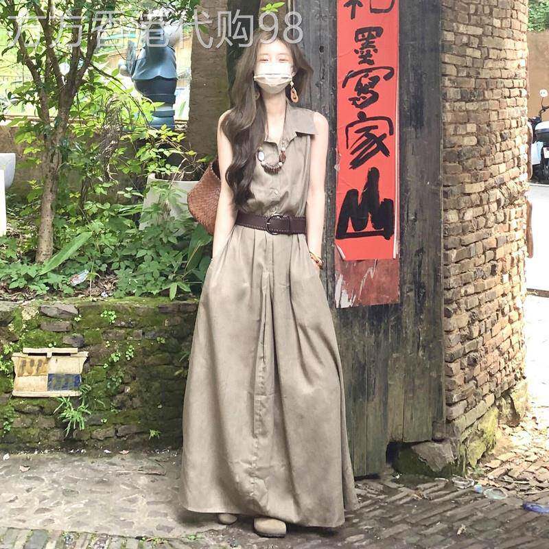 英国DHWA复古无袖衬衫连衣裙女夏季小个子气质收腰工装裙